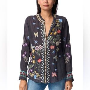 Johnny Was Dark Gray Floral Embroidered Blouse
